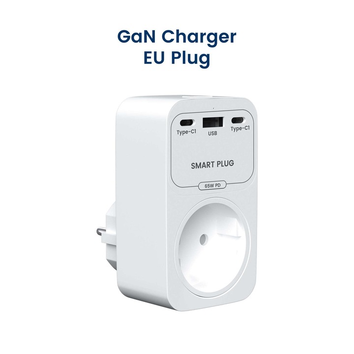 Priza Smart WiFi WISDARA TP16, Monitorizare Consum, 65W GaN, 2x USB-C + USB-A, Fast Charge PD, Control din Aplicatie, Alexa & Google Home, 16A, 3680W