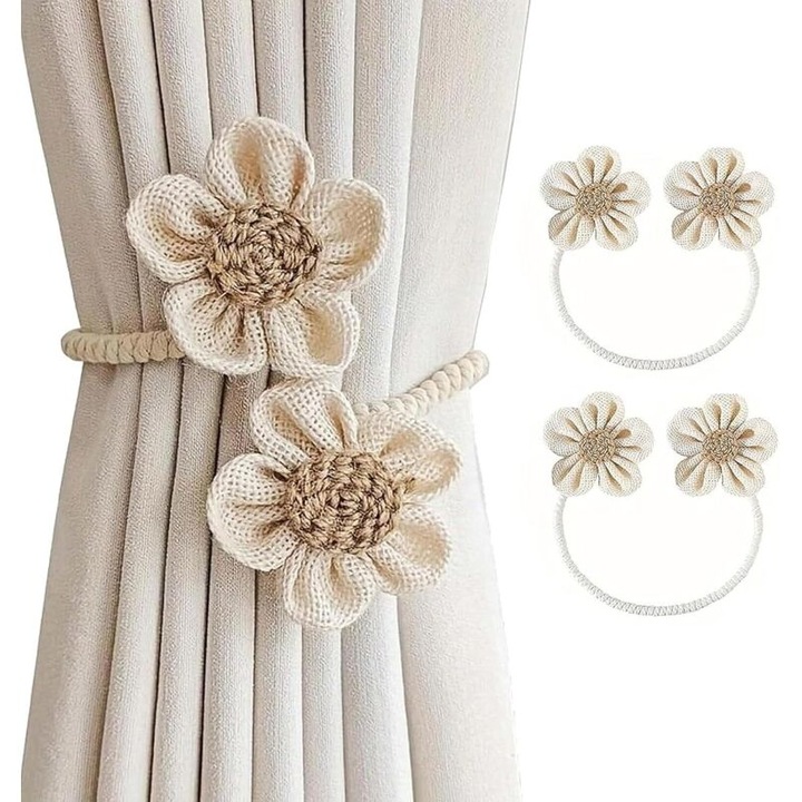 Set 2 Embratisari Perdele Flori Handmade Boho Bej 48cm