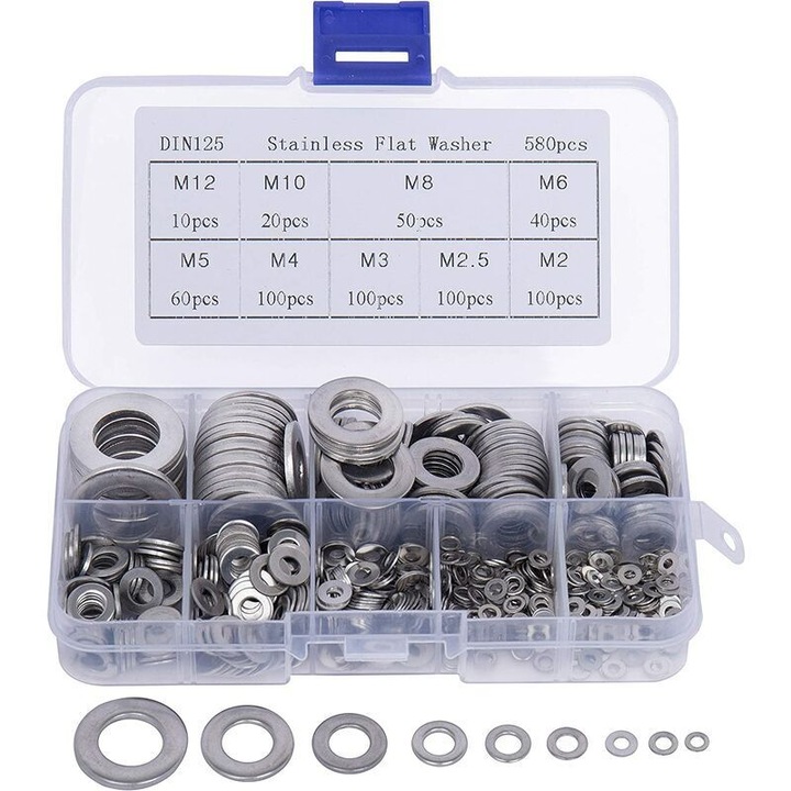 Set 580 saibe inox 9 dimensiuni, cutie plastic, 0.5x2.3cm