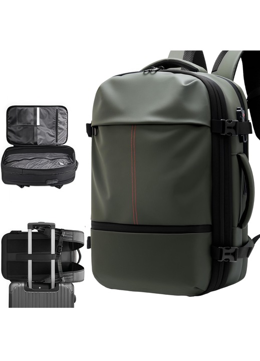 Rucsac Calatorie QOVU®, Ideal pentru zboruri, Extensibil & Vidabil, Buzunar laptop 17", Maner lateral si suport troler, Impermeabil, Buzunare multiple, Ghiozdan multifunctional compatiibil cabina avion, Verde