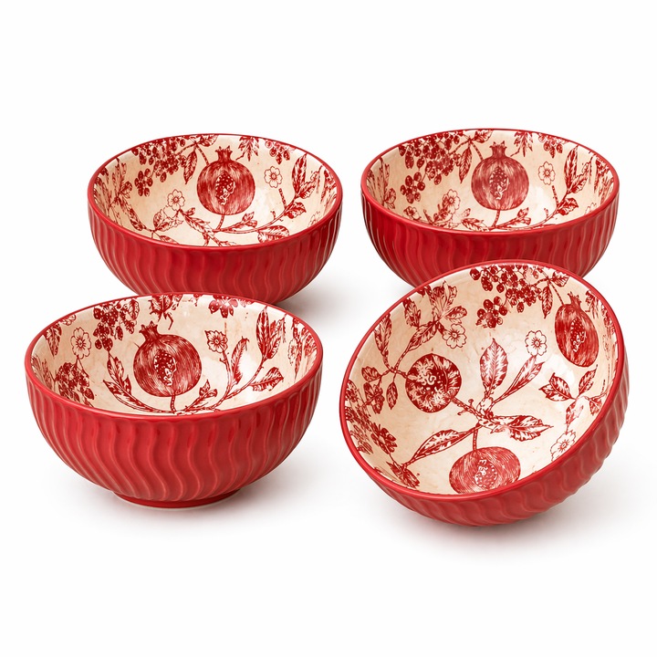 Set 4 Boluri Ceramice Rosii Texturate Interior Alb Cu Rodie 12 Cm Pentru Cereale Fructe Aperitive Brunch Familie Shopiens®