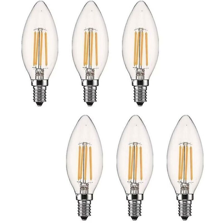 6 db LED csillár izzó készlet 4W, meleg fehér, E14, 35x98mm, átlátszó filament