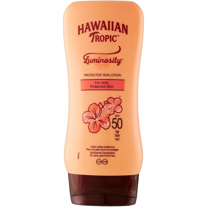 Lotiune protectie solara Hawaiian Tropic Luminosity SPF 50, rezistenta la apa, fara ulei, protectie UVA/UVB, 180 ml