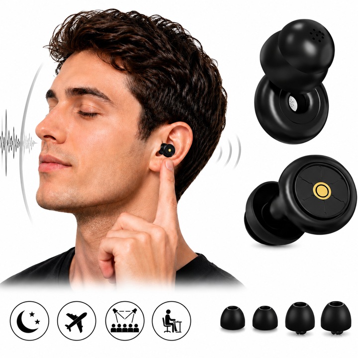 Dopuri De Urechi Antifonice Miraza, Reducere Zgomot 50dB, Silicon Reutilizabile, Marimi S Si M Incluse, Potrivite Pentru Somn, Sforait, Avion, Concert, Calatorii, Negru
