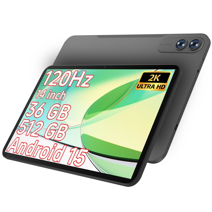 Tableta 14 inci, Ginawe, Android 15, Octa-Core, 36 (12+24)GB RAM, 512GB ROM, 1920*1200 2K FHD, Camera dubla, Baterie de 12000mAh, Negru