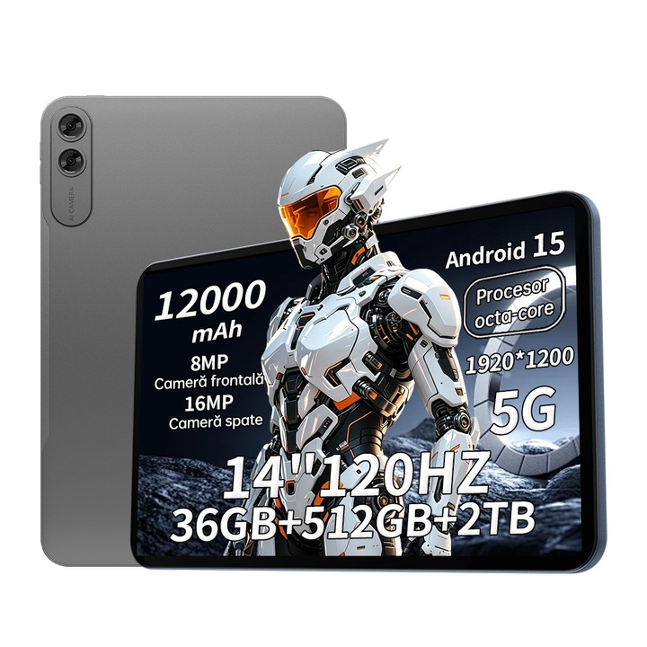 Tableta 14 inci, Ginawe, Android 15, Octa-Core, 36 (12+24)GB RAM, 512GB ROM, 1920*1200 2K FHD, Camera dubla, Baterie de 12000mAh, Negru