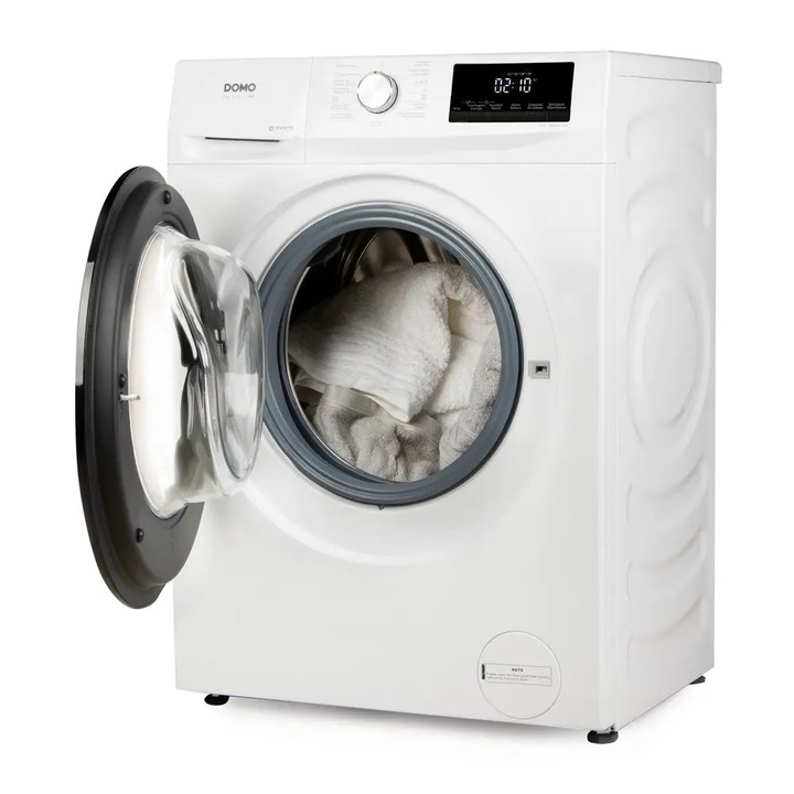 DOMO keskeny mosógép, A energiaosztály, maximális mosási kapacitás 8 kg, 1400 ford./perc, Inverter motor, 15 előre beállított program, Kedvencek funkció, Néma üzemmód, AquaStop és Gyermekzár védelem, fehér