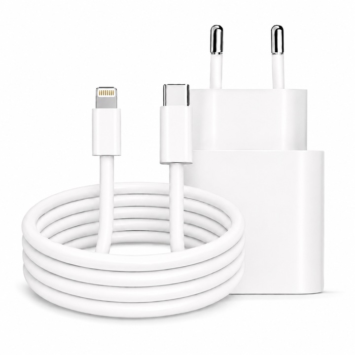 Gyors Töltő 20W, Kompatibilis iPhone 14/13/12/11/Pro/Pro Max/Mini/Plus, iPhone XS/XR/X/8/7/SE 2020 2022, iPad Mini Air, AirPods, Fast Charge PD, 1m Lightning Kábel Mellékelve, Hálózati Adapter Készlet, Gyors Töltés Power Delivery, Fehér, Kulstern™