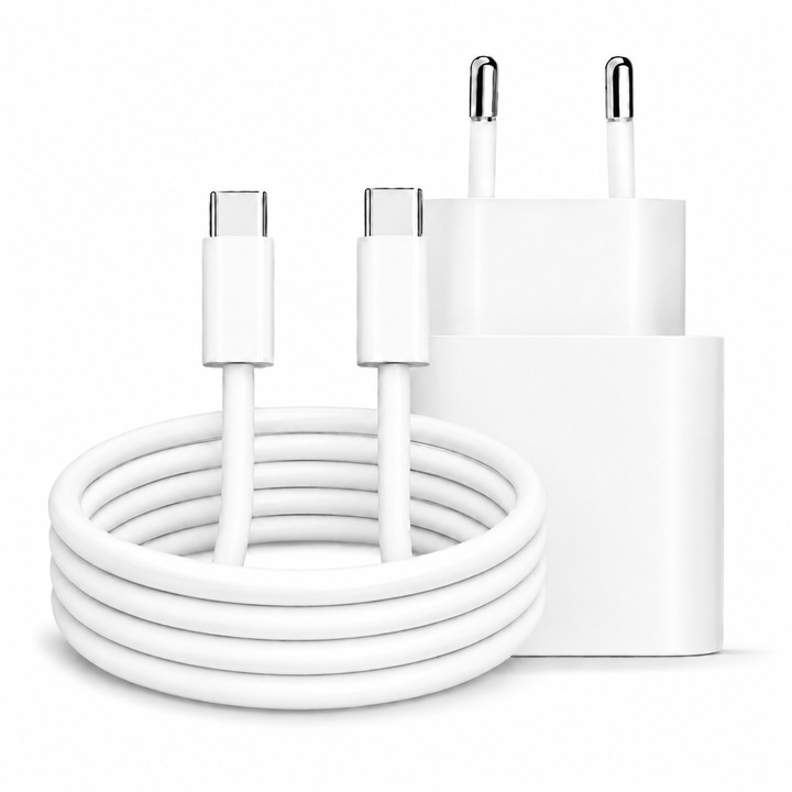 Зарядно Kulstern, 35W, Съвместимо с iPhone 15/16/17/Pro/Pro Max/Plus, iPad Pro Air Mini, Samsung Galaxy S25/S24/S23/A55/A35, Xiaomi, Redmi, Huawei, Honor, AirPods USB-C, Fast Charge PD, Кабел Type-C 1м, Мрежов адаптер, Power Delivery, Бял
