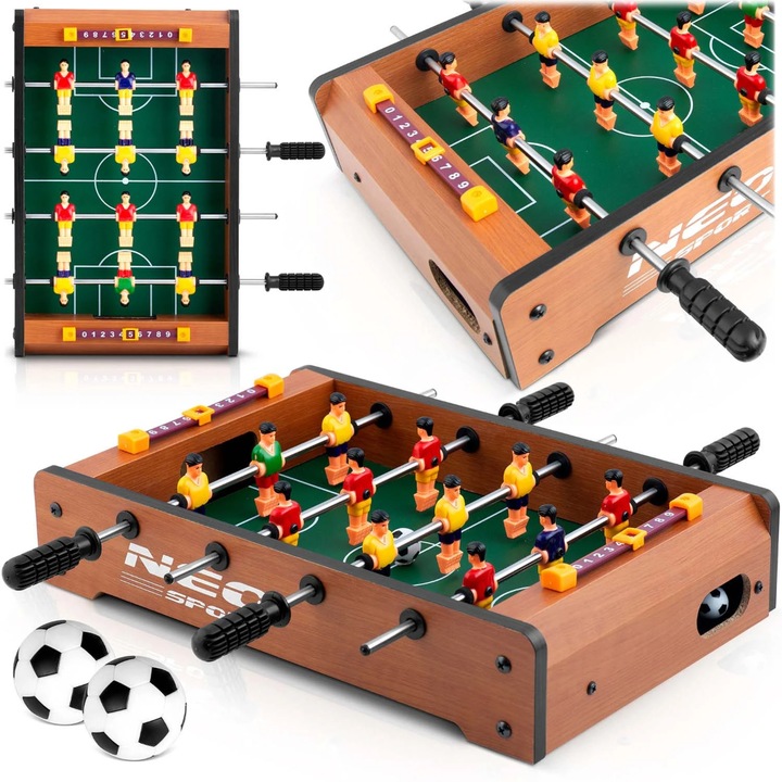 Masa de Fotbal cu Teren, 12 Jucatori, 4 Manere, 2 Mingi, Tabela Scor, din Lemn, Metal si ABS, pentru Copii si Adulti, 34.5 x 22 x 7 cm, Multicolor
