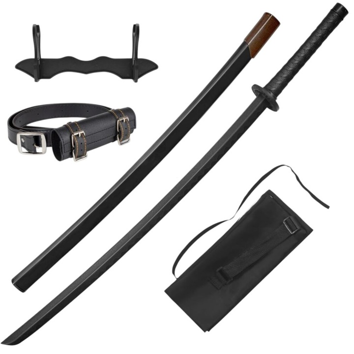 Sabie Katana Profesionala de Antrenament Boken Neagra din Plastic Dur cu Teaca, Curea, Suport si Teaca GXSW-06, 107 cm