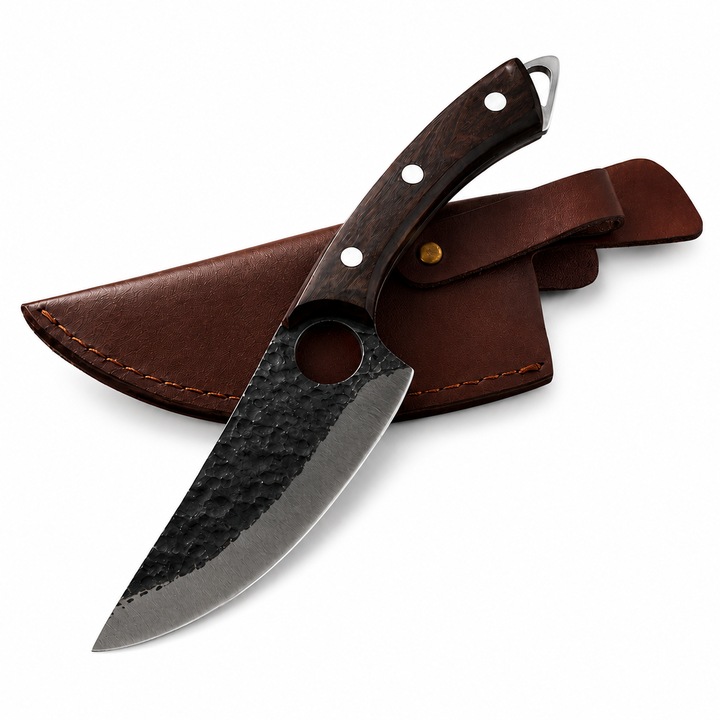 Professzionális kézzel kovácsolt japán kés, Bone Knife típus, 14 cm-es penge, magas széntartalmú acél, tömör fa nyél, öko-bőr tok mellékelve