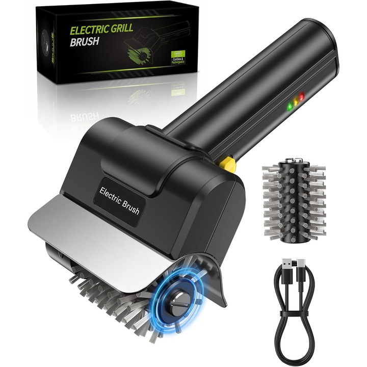 Perie electrica BBQ Leccik®, Dispozitiv Curatare Gratar Reincarcabil, 1500 RPM, Autonomie 100 Minute, Include Capat de Rezerva, Sigura pentru Toate Tipurile de Gratar