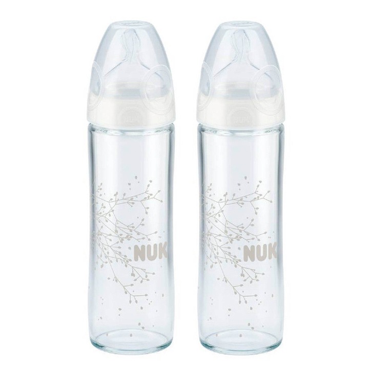 Комплект стъклени бебешки шишета NUK New Classic Glass #232136128, 2 броя, Anti-Colic Air System, 240 мл, 0–6 месеца, М, Бял