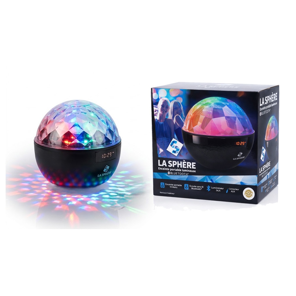 Boxă luminoasă LA SPHÈRE 800270, Bluetooth, Cu ceas, Lumini LED, 10W, AUX, 19 x 19 cm, Negru