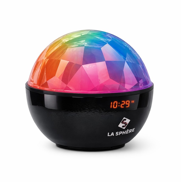 Светеща тонколона LA SPHÈRE 800270, Bluetooth, С часовник, LED светлини, 10W, AUX, 19 x 19 см, Черен