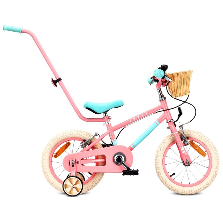 Bicicleta Pentru Copii Lovel, Sun Baby, 14 Inch, Pentru Fete 3-5 Ani, Roti Ajutatoare, Maner Ghidare, Cos, Sonerie, Frane V-Brake, Roz Menta