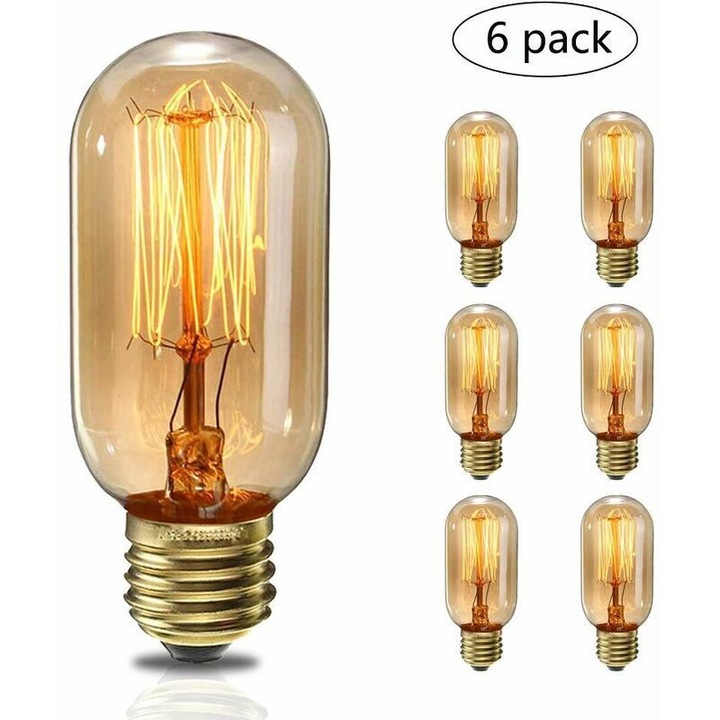 6 db E27 Vintage Edison izzó készlet, 40W, meleg fehér, 2700K, 220V