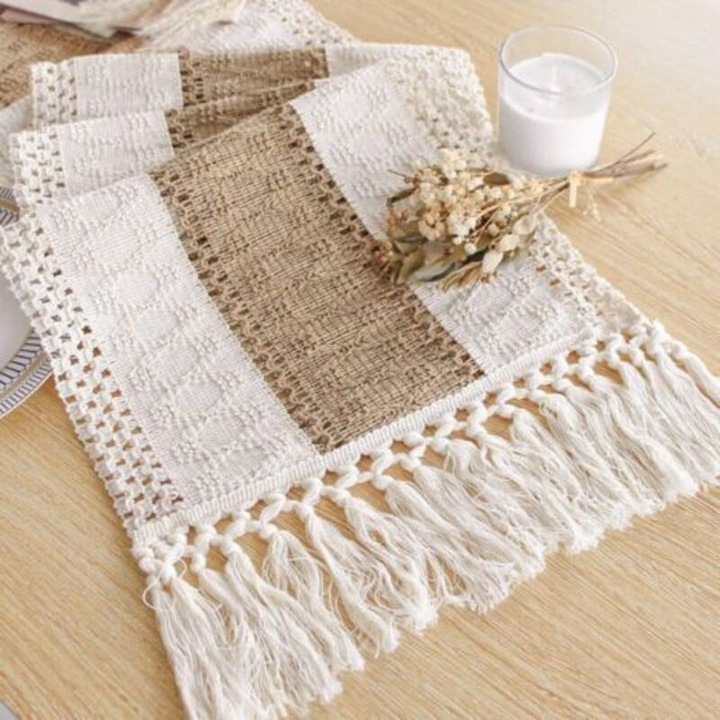 Bohém makramé asztalterítő, 12x183cm, krémfehér