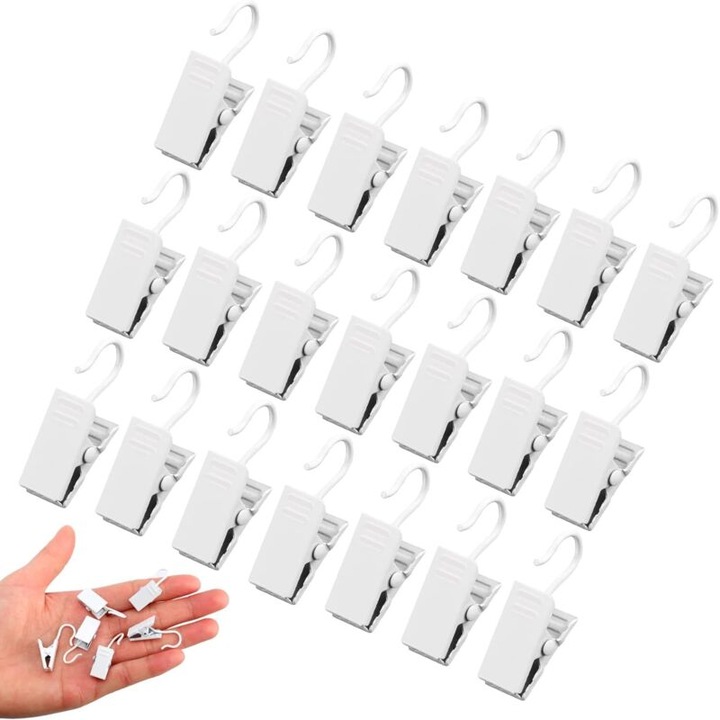 Set 30 cleme metalice pentru perdele cu carlig, alb