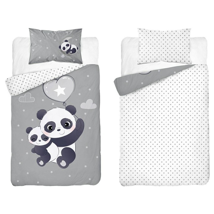 Set lenjerie de pat copii, Detexpol, Baby Bamboo 4790 B, gri-alb, model panda, 100x135 cm, 2 piese