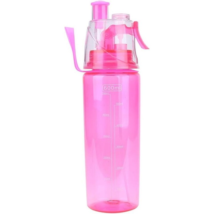 Sticla apa sport 600ml, pulverizator, roz, plastic, multifunctionala