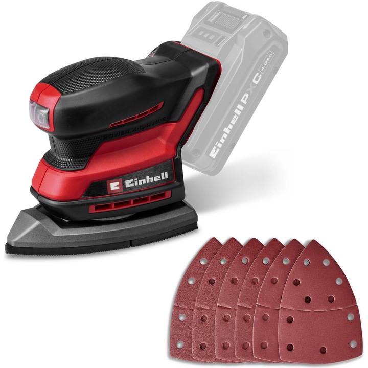 Slefuitor multifunctional pe acumulator Einhell TE-OS 18/150-2 Li Power X-Change, 18 V, 24.000 rpm, orbita de 2 mm, colector de praf, adaptor de aspirare, incl. 6 x hartie abraziva, fara acumulator si incarcator