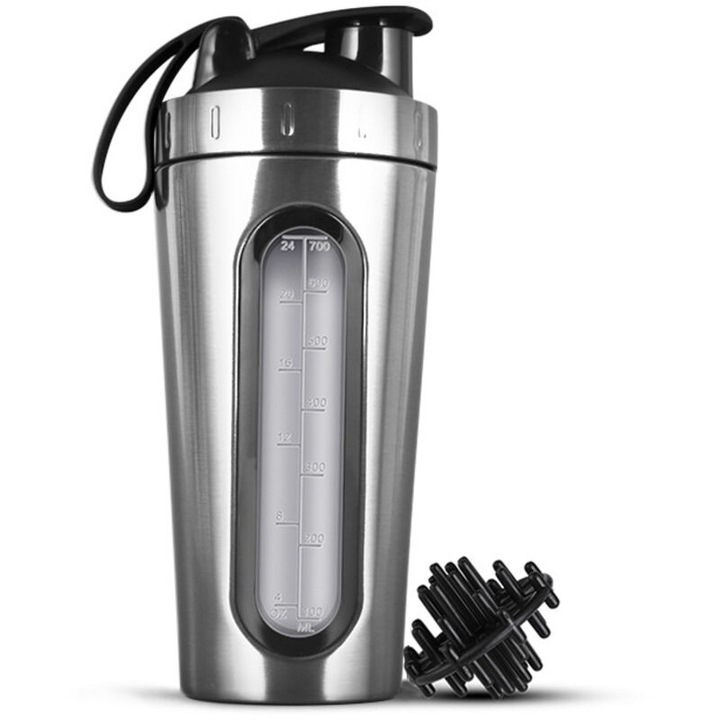 Shaker proteine inox cu doua mixere, etans, 700ml