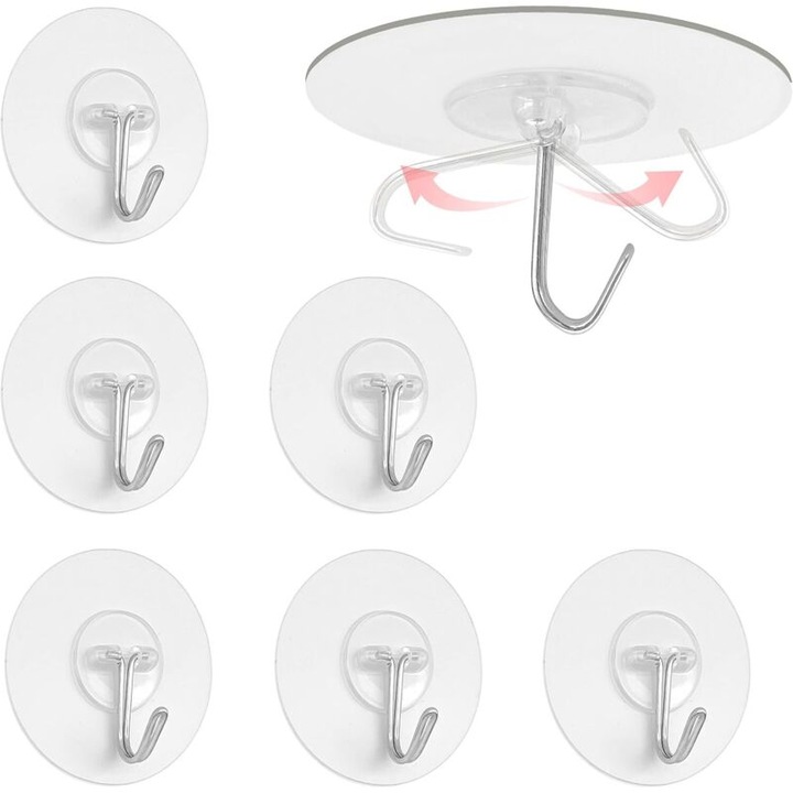 Set 6 carlige adezive impermeabile, rezistente, alb, diverse dimensiuni