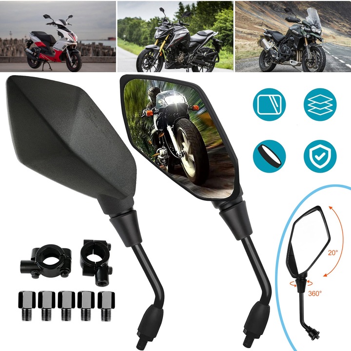 Oglinda Retrovizoare Pentru Motocicleta, Cu Oglinda Laterala Ghidon M8, M10, Rotatie 360°, Vizibilitate Clara, Rezistenta La Impact, Rezistenta La Coroziune, Potrivita Pentru Motociclete, Scutere Etc