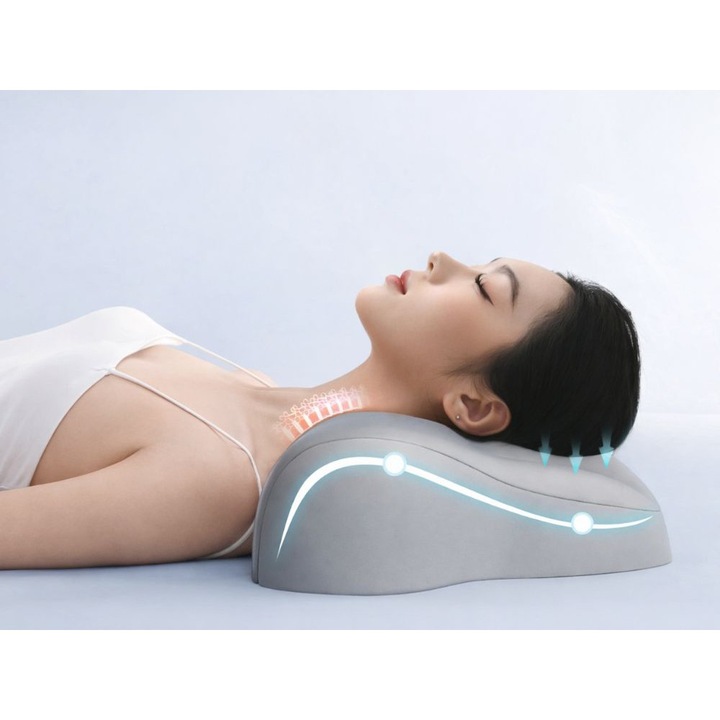 Perna Ortopedica cu Spuma cu Memorie pentru Dormit pe Spate, Suport Cervical Ergonomic, Forma Anatomica, 49x31 cm, Confort si Relaxare, Gri/Albastru