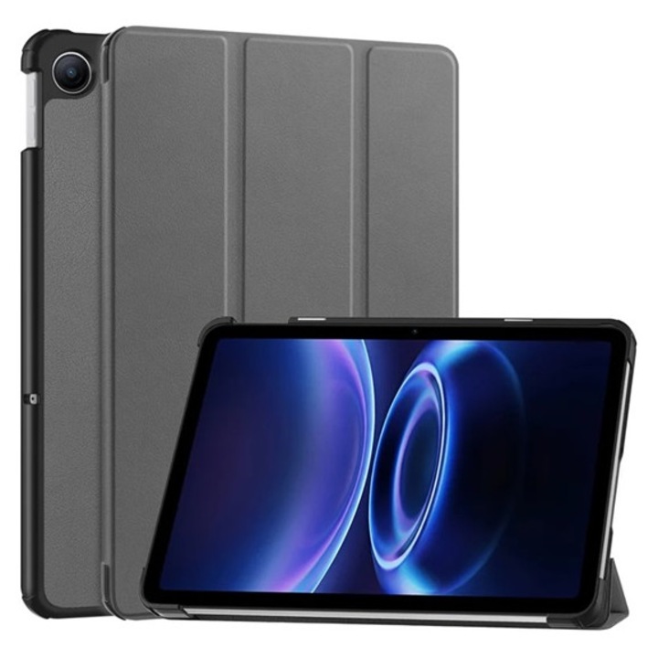 Gigapack tabletvédő álló, bőr hatású, aktív flip, oldalra nyíló, trifold, asztali tartó, sötétszürke, kompatibilis: Redmi Pad 2 9.7