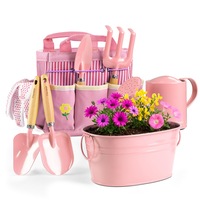 Set joaca gradinarit, XICENRM®, 8 piese, unelte metalice si cos metalic, lopeti, grebla, stropitoare, si geanta roz, 3+ ani