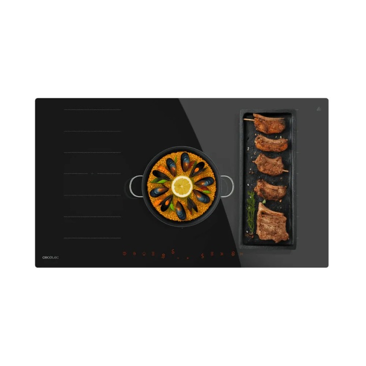 Cecotec beépíthető indukciós főzőlap, Bolero Squad I 5600 FullFlex, 90 cm széles, 5 főzőzóna, 10200 W teljesítmény, Flex Zone B/J, extra nagy 30 cm-es zóna, 9 teljesítményfokozat, Booster funkció, Keep Warm funkció, Kid Lock rendszer, fekete