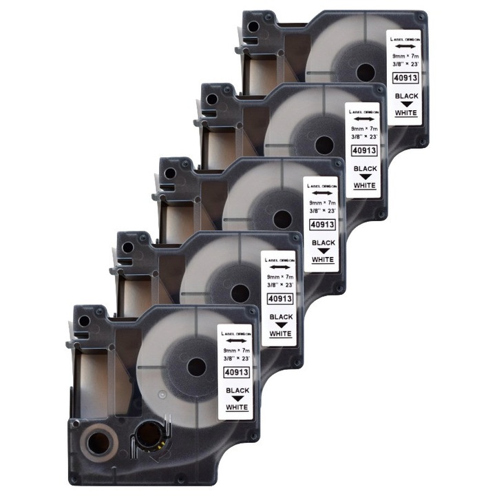 5 darabos csomag Dymo 40913 kompatibilis címkeszalag, 9 mm, fekete fehér alapon fehér