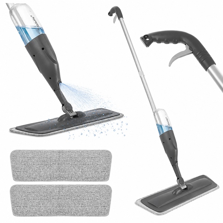 Mop cu pulverizare, rezervor 300 ml, cap rotativ 360°, set 3 lavete, 120 x 38 cm, inox PP poliester nylon, Alb gri