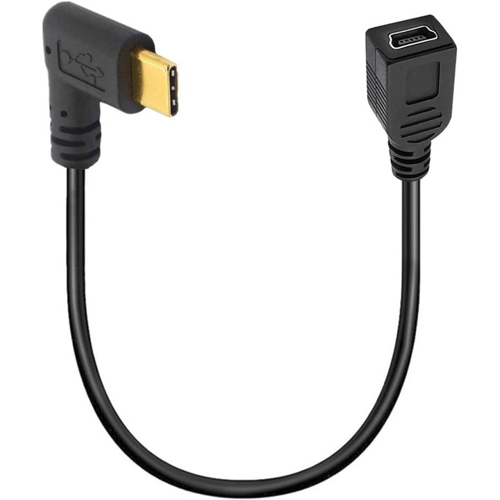 USB-C - Mini USB 5 tűs kábel, USB 3.1 Type C - Mini USB B, derékszögű adapter, adatátvitel és töltés 480Mbps, kompatibilis GoPro, fényképezőgép, GPS, HDD, laptop és MacBook, 25 cm, fekete