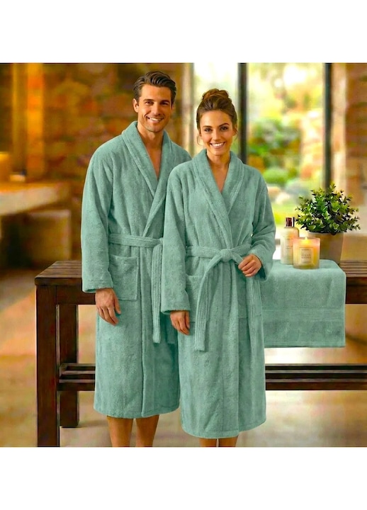 Халат за баня от велур NufJoy, 100% Памук, Унисекс, 420 гр/кв.м, Пухкав, Абсорбиращ, Удобен, Mint