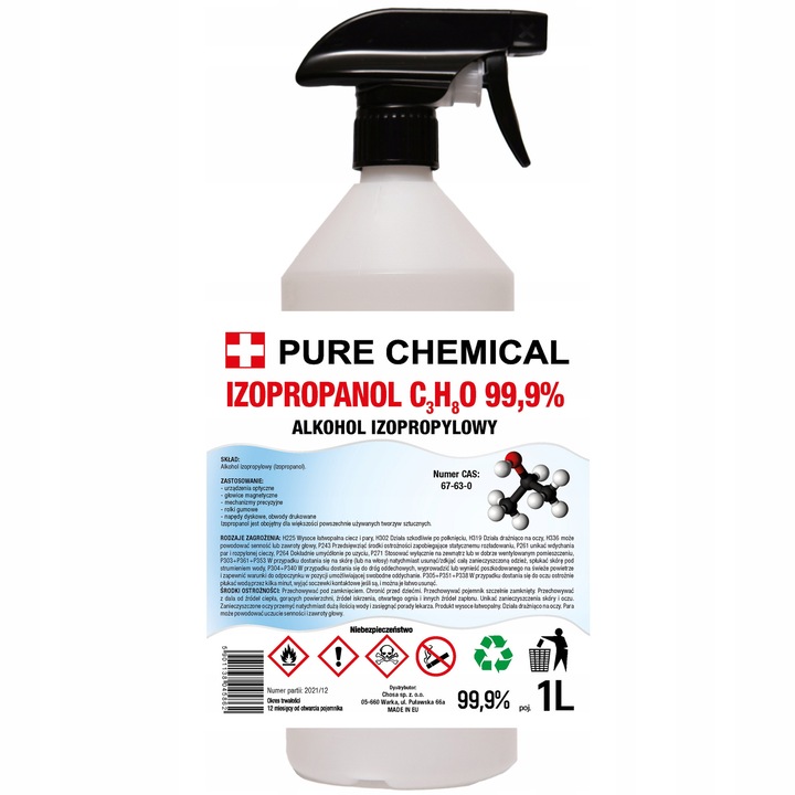 Izopropil-alkohol szett porlasztóval, Pure Chemical, 1 liter, 99.8%-os koncentráció, Alkalmas elektronikai tisztításhoz, Ideális oldószer, Magas tisztaság lehetővé teszi a kozmetikumokban való felhasználást