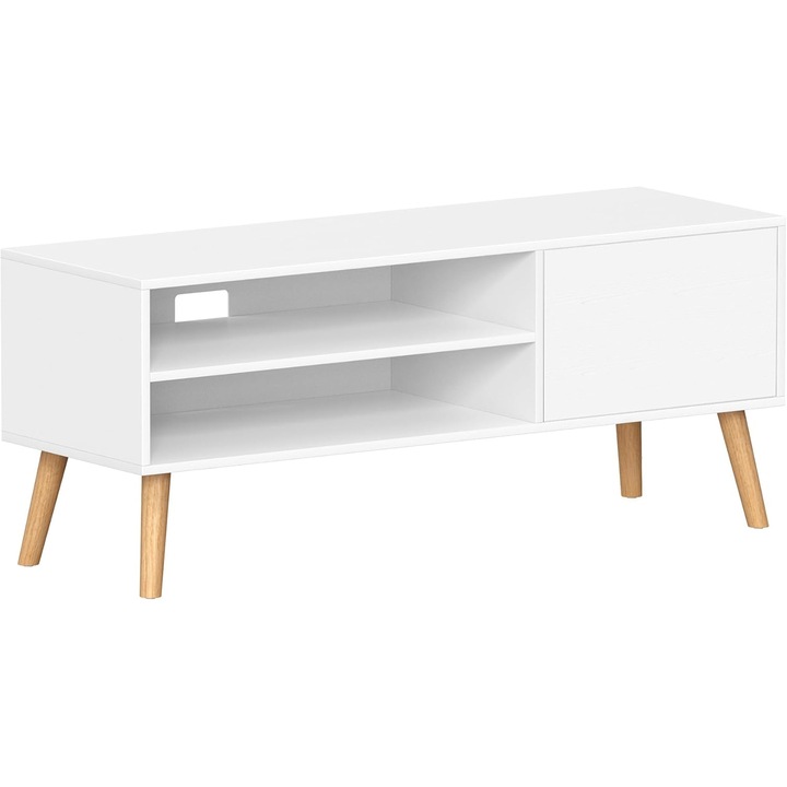 Comoda pentru TV de pana la 120 cm, 2 rafturi si dulap push-open, PAL si lemn, 120x40x49 cm, alb