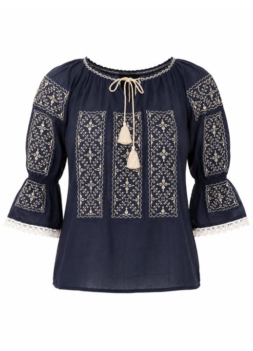 Ie Dama, Maneca 3/4 cu Bordura din Dantela, Broderie Bej, Bumbac, Model Traditional, Negru/Bej