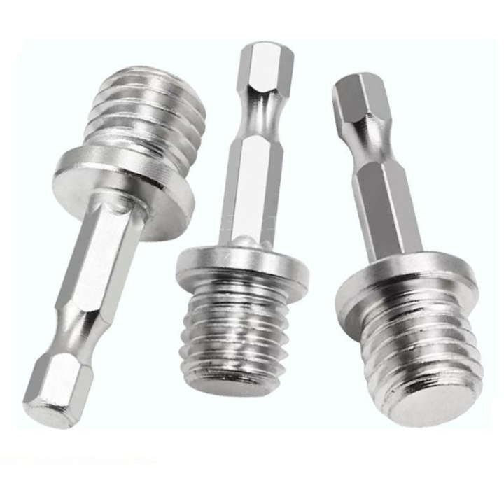 Set adaptor burghiu hexagonal, 3 piese: adaptor M14, mandrina burghiu hexagonala de 1/4 inch, burghiu surubelnita fara fir, scule de despicat placi, cheie electrica