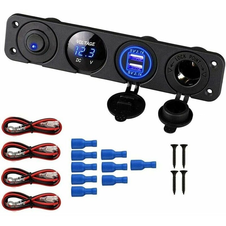 Panou de comutare marin 4-in-1, priza de alimentare cu incarcator USB dublu de 12V 4.2A cu voltmetru LED si bricheta