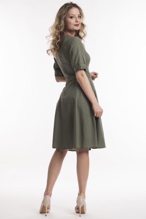 CAMISSI, Rochie evazata de in cu buzunare, Kaki