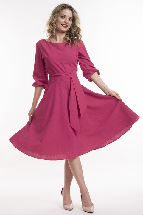 CAMISSI, Rochie midi de in cu cordon, Fucsia