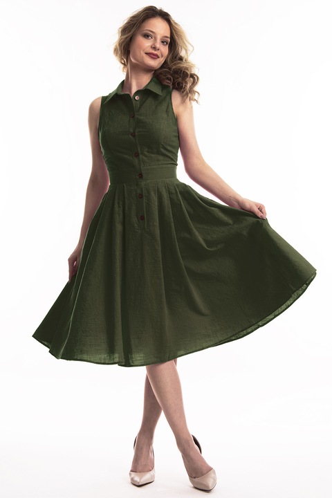 CAMISSI, Rochie midi de in cu croiala evazata Valeria, Kaki inchis