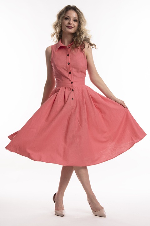 CAMISSI, Rochie midi de in cu croiala evazata Valeria, Rosu deschis