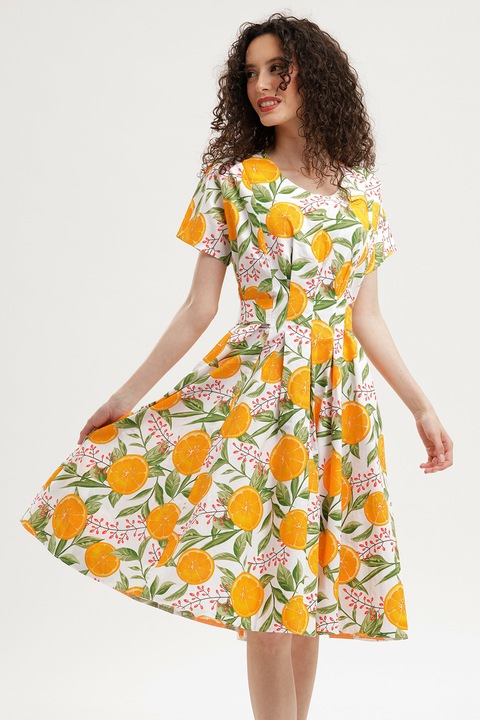 CAMISSI, Rochie evazata cu detaliu cu nod pe partea din spate, Portocaliu/Verde sparanghel