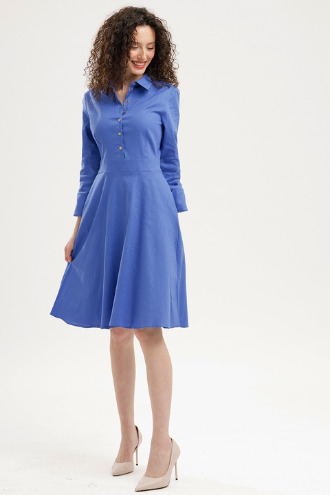CAMISSI, Rochie evazata cu fenta cu nasturi, Albastru safir