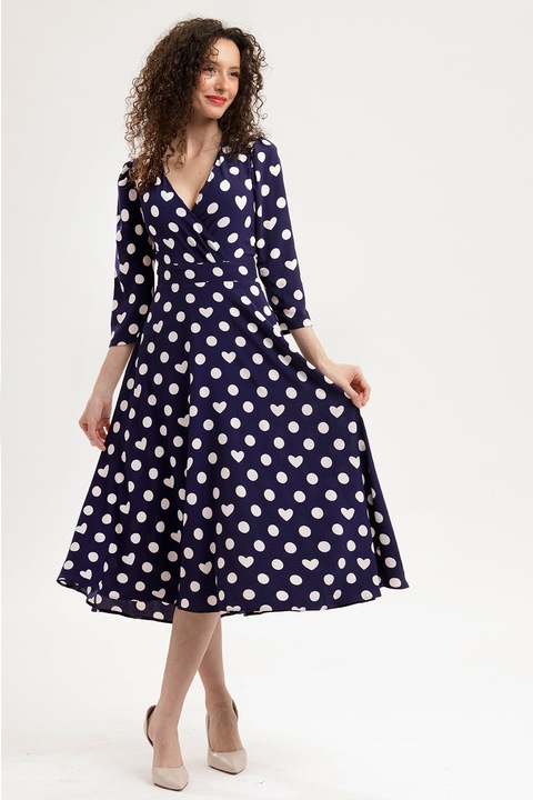 CAMISSI, Rochie midi evazata cu model si buzunare, Alb/Albastru ultramarin